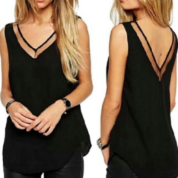 Tops - Mesh Trim Black V Neck Chiffon Blouse